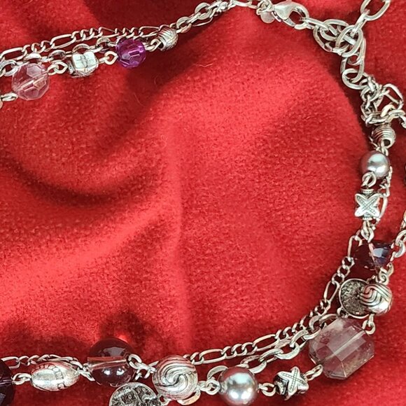 Premier Designs Silver Tone Three Strand Purple Silver Bead Coin 32" Necklace - Picture 14 of 16